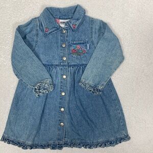 Oshkosh long sleeve full snap front embroidered denim blue jeans dress 2t
